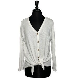 Bibi White Long Sleeve Waffle Knit Front Tie Button Top Size Large